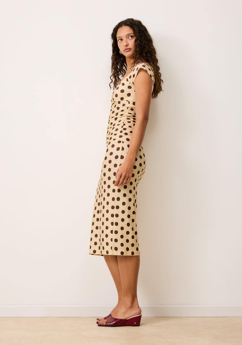 LALY cream Dottie print midi dress, 3/4 view by Rouje