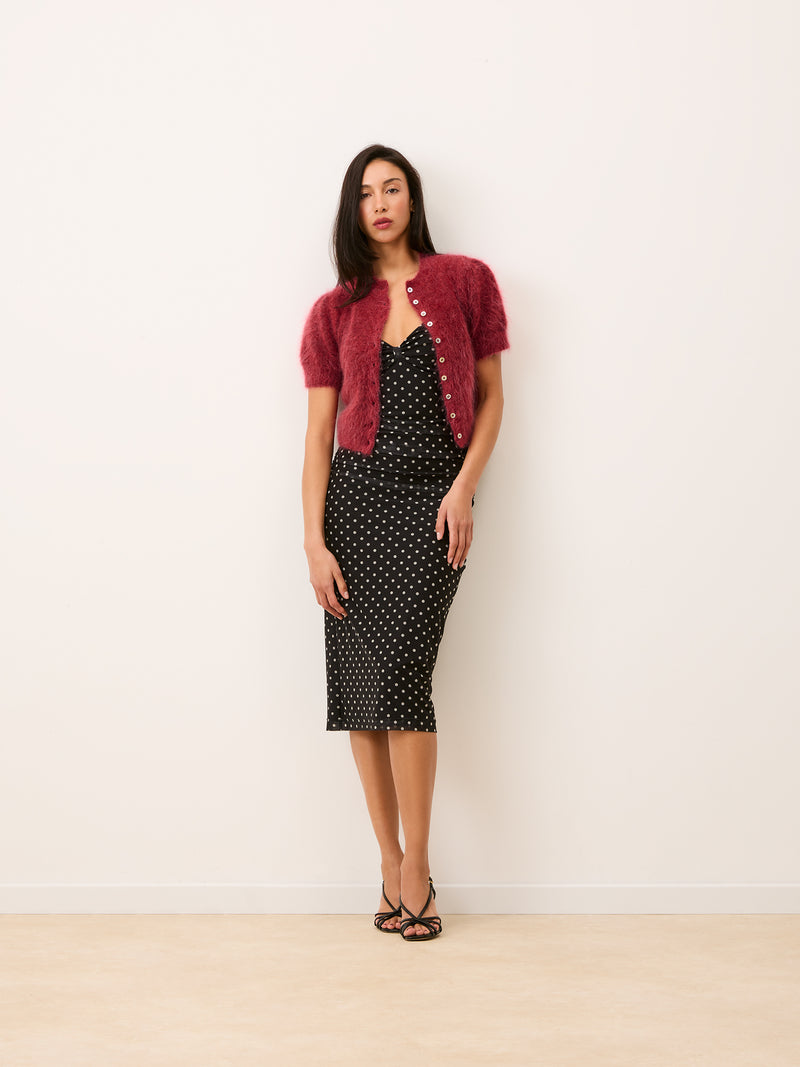 LALY black polka-dot mesh midi dress, side view by Rouje