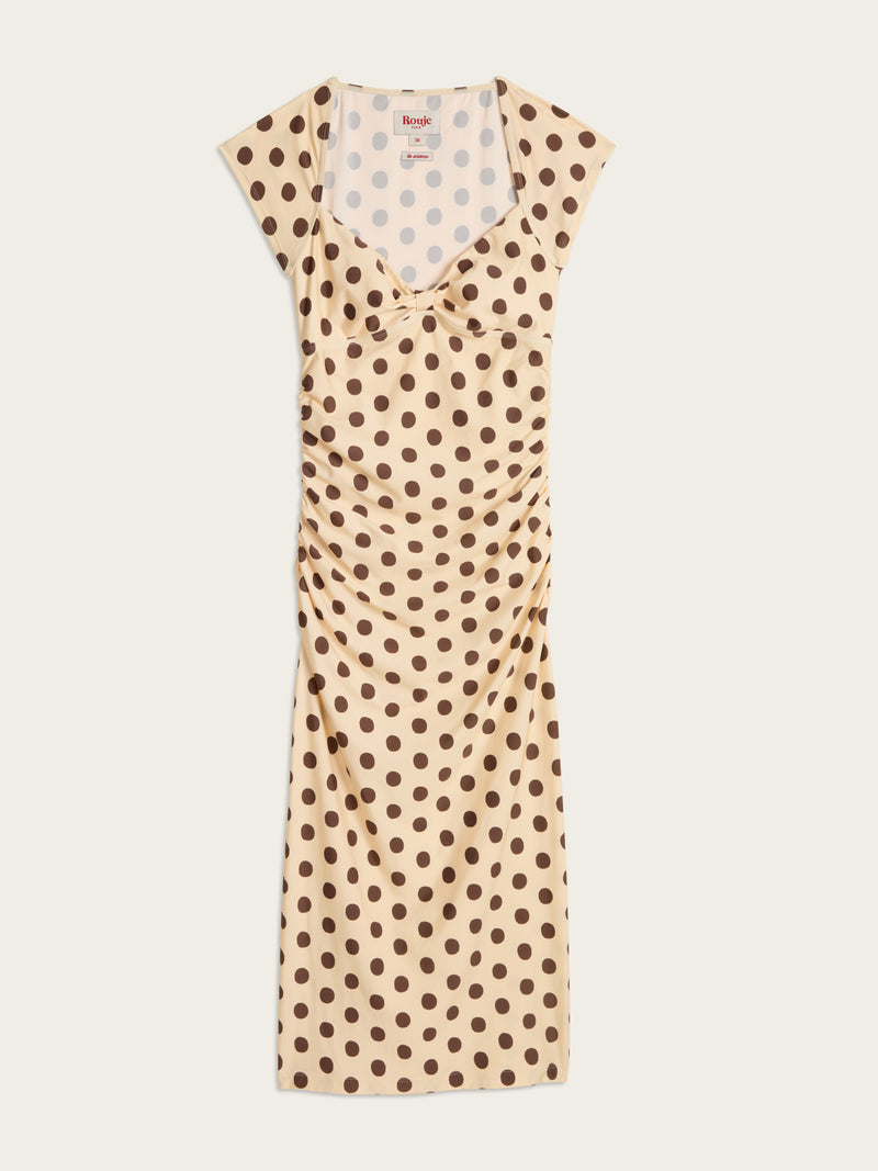 LALY cream Dottie print midi dress, flat packshot by Rouje