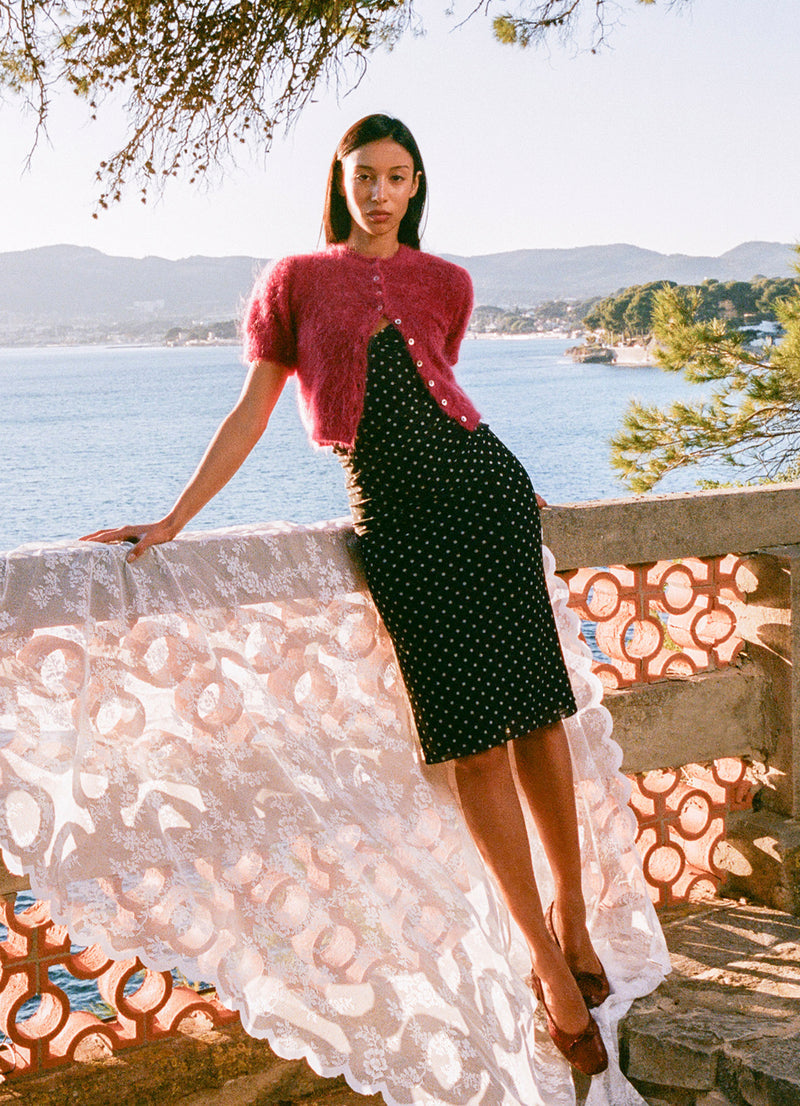 LALY black polka-dot mesh midi dress, lifestyle setting by Rouje