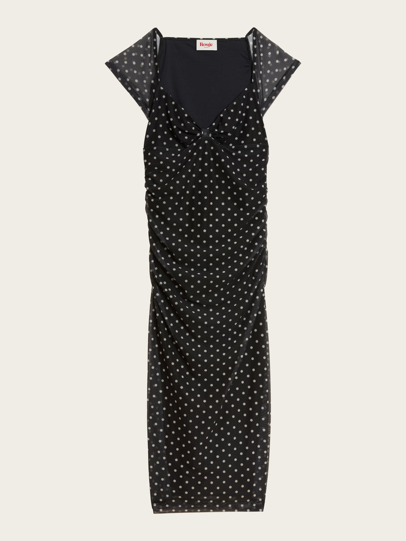 LALY black polka-dot mesh midi dress, flat packshot by Rouje