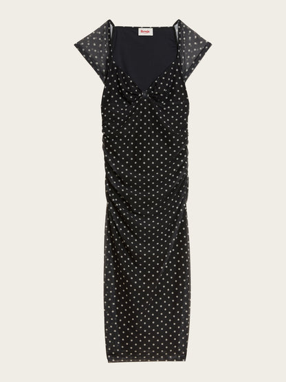 LALY black polka-dot mesh midi dress, flat packshot by Rouje
