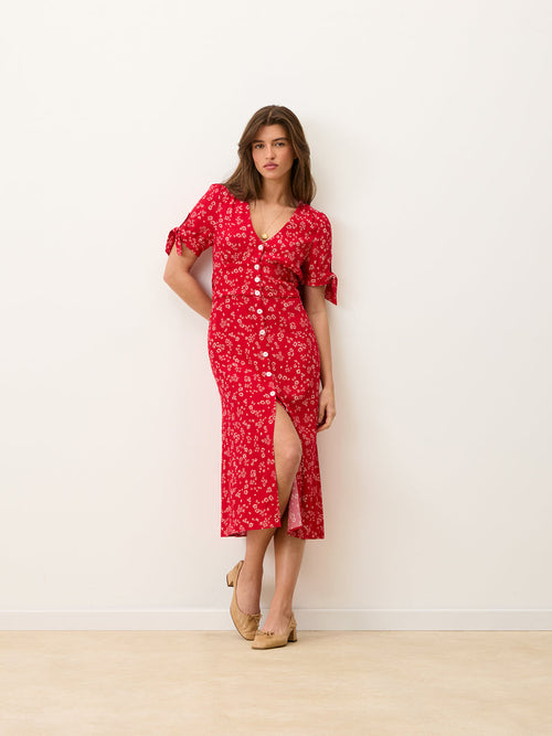 LAURA Dress in red floral print, front view, flowy button-down midi dress by Rouje
