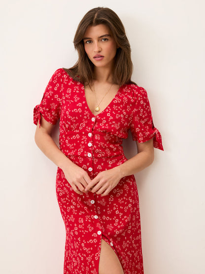 LAURA Dress detail, under-bust cutout and gathers at waist, red floraison print by Rouje