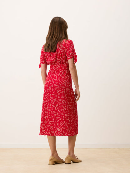 LAURA Dress back view, gathers and bow sleeves, red floral midi dress by Rouje