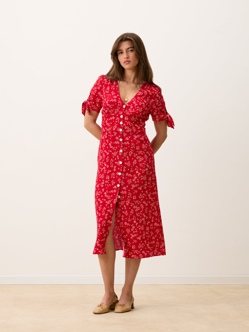 LAURA Dress full-length view, red floraison floral print, button-down midi dress by Rouje
