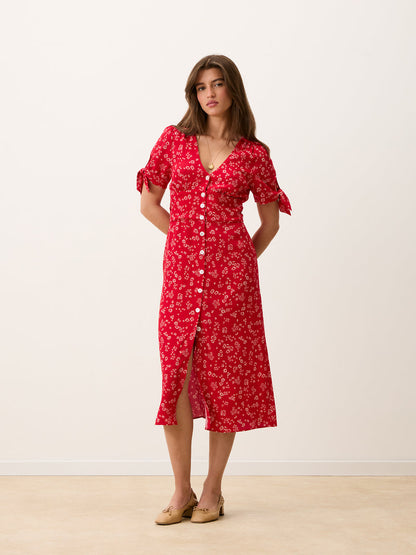 LAURA Dress full-length view, red floraison floral print, button-down midi dress by Rouje