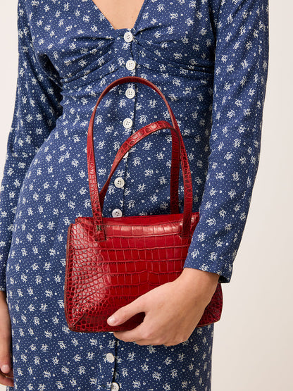 LENA Arlesienne denim print long button-up dress, lifestyle setting by Rouje