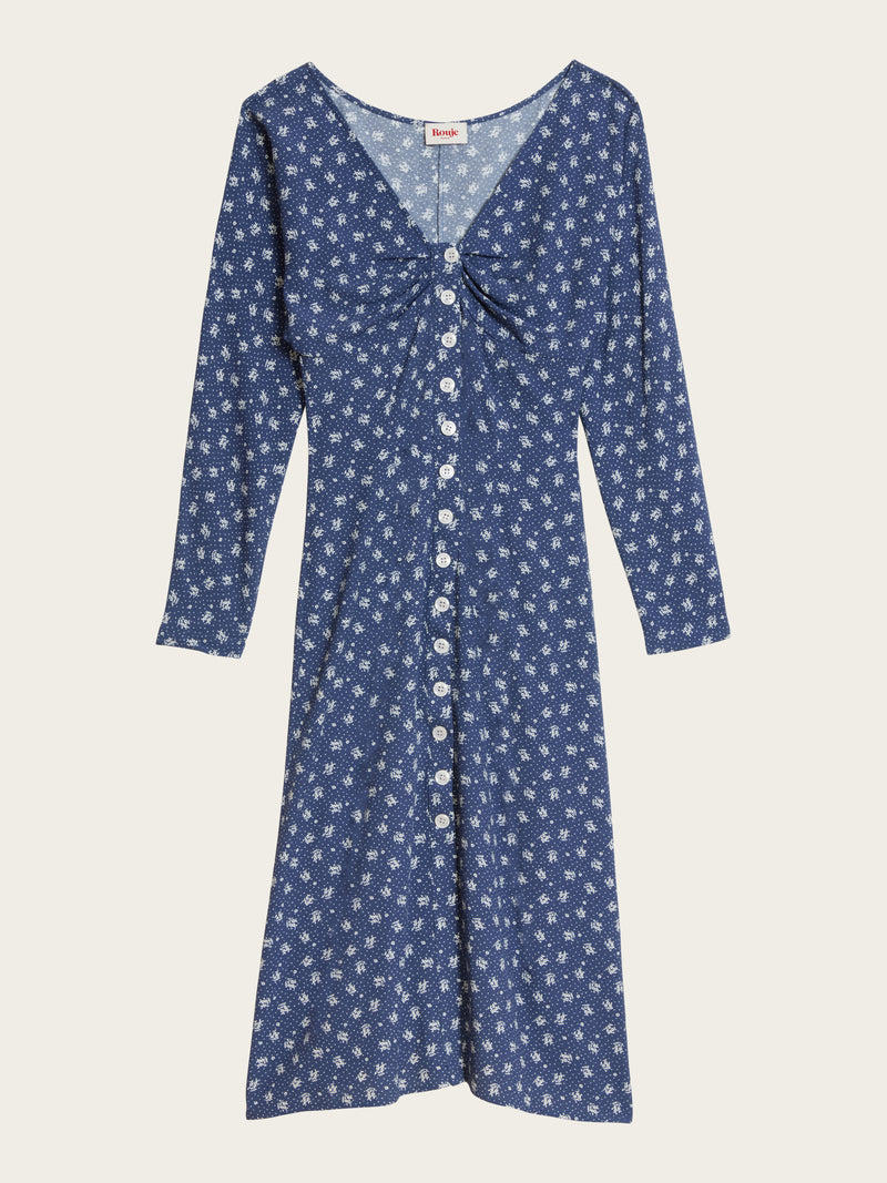 LENA Arlesienne denim print long button-up dress, flat packshot by Rouje