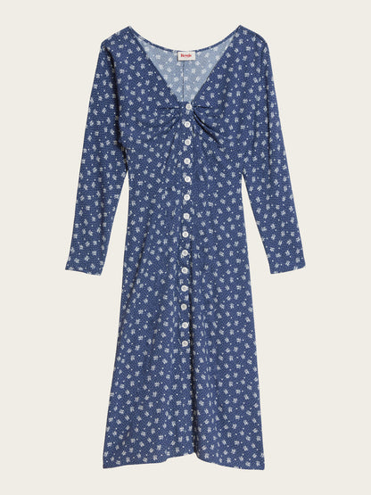 LENA Arlesienne denim print long button-up dress, flat packshot by Rouje