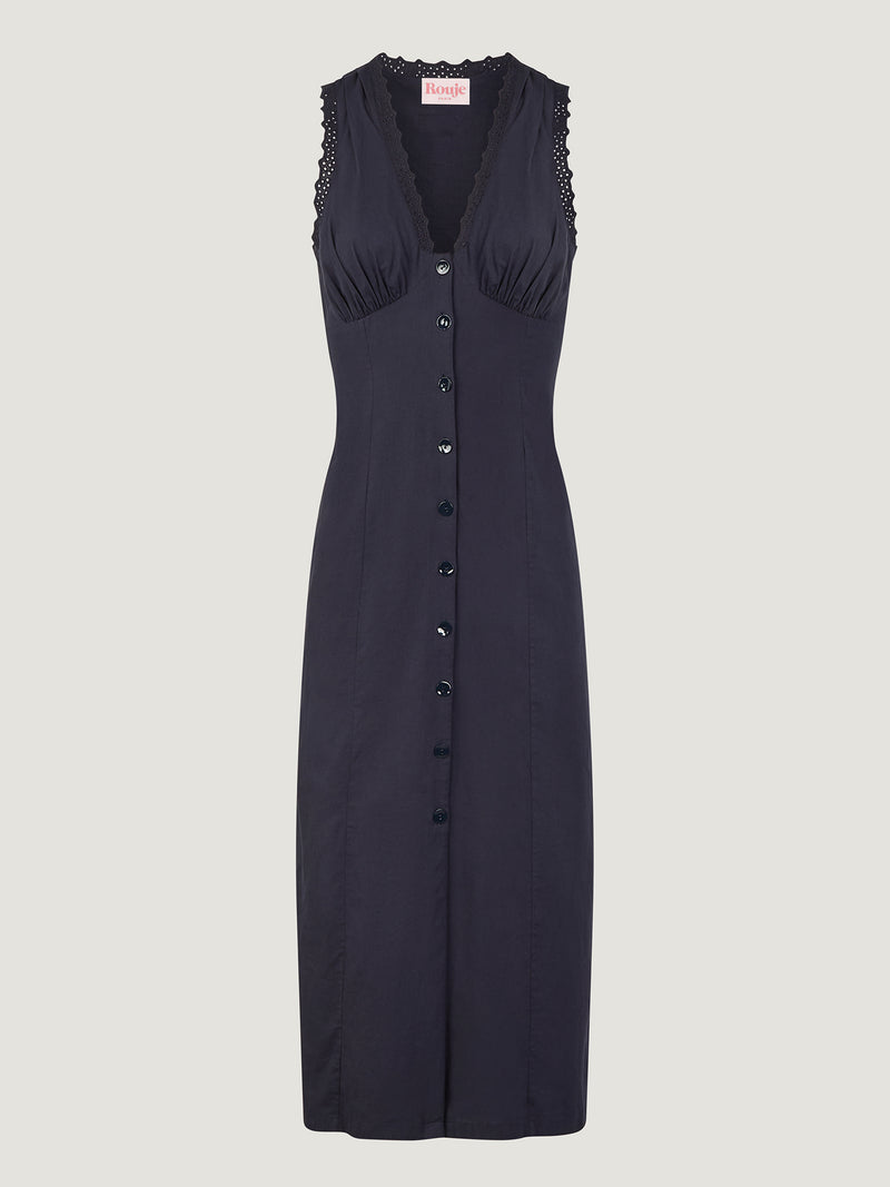 Packshot of the navy Lisbet dress for women.