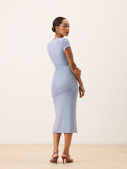 MAGDALENA lilac blue long tube jersey dress, back view by Rouje