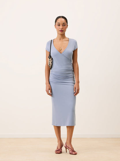MAGDALENA lilac blue long dress, detail of crossover V-neck by Rouje