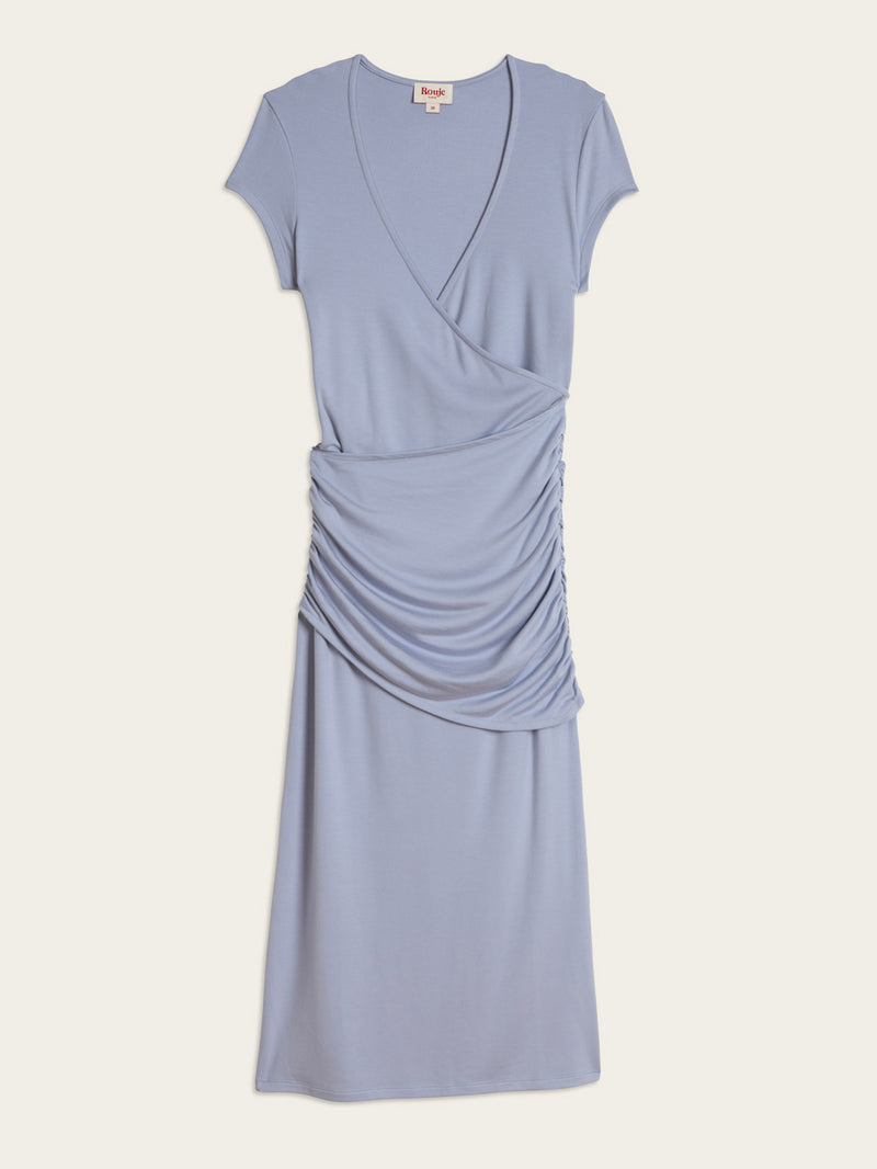 MAGDALENA lilac blue long draped tube jersey dress, flat packshot by Rouje