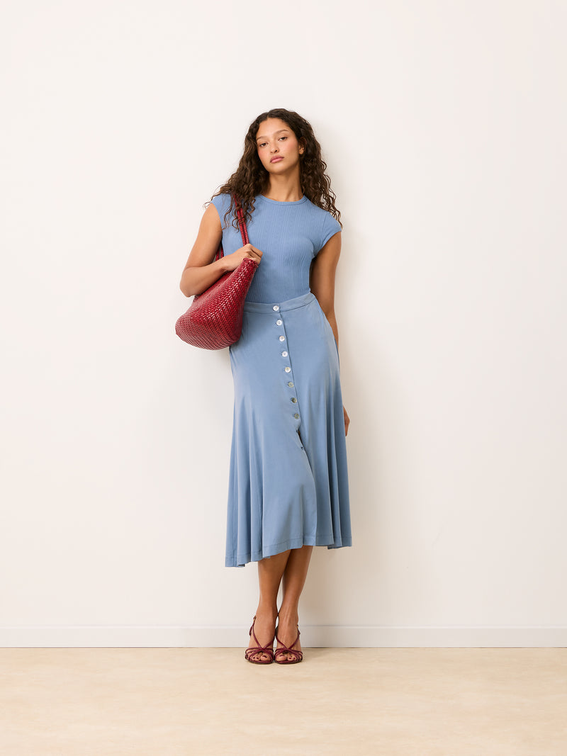 MAMBO sky blue Mist 2-in-1 pointelle and cupro knit midi dress, front view by Rouje