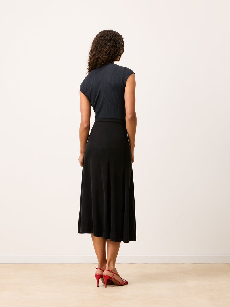 MAMBO dark blue knit dress, detail of cupro skirt by Rouje