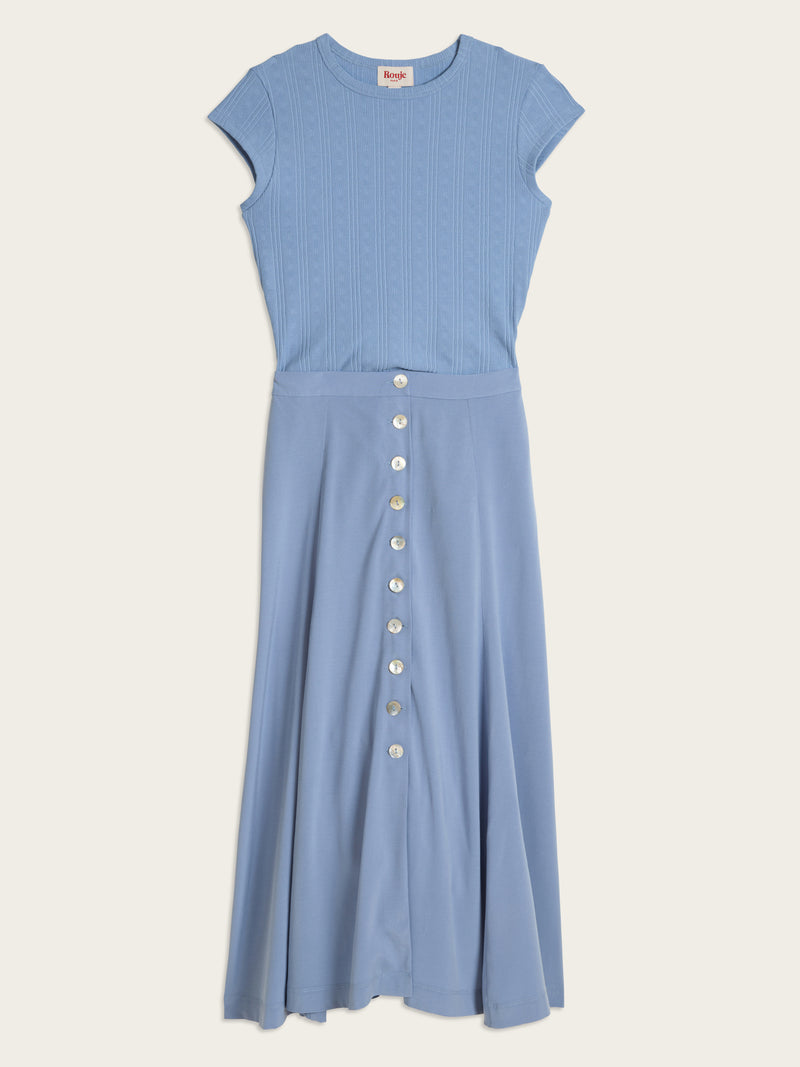 MAMBO sky blue Mist 2-in-1 knit midi dress, flat packshot by Rouje