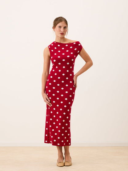 MANU red and white polka dot long knit dress, front view by Rouje