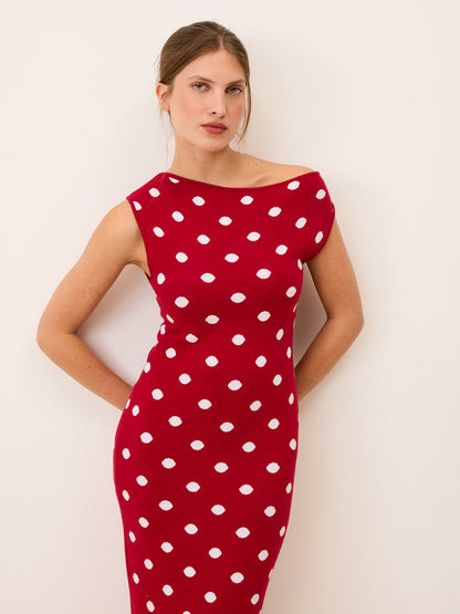 MANU red polka dot long knit dress worn on a model by Rouje