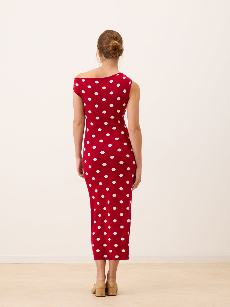 MANU red and white polka dot long knit dress, back view by Rouje