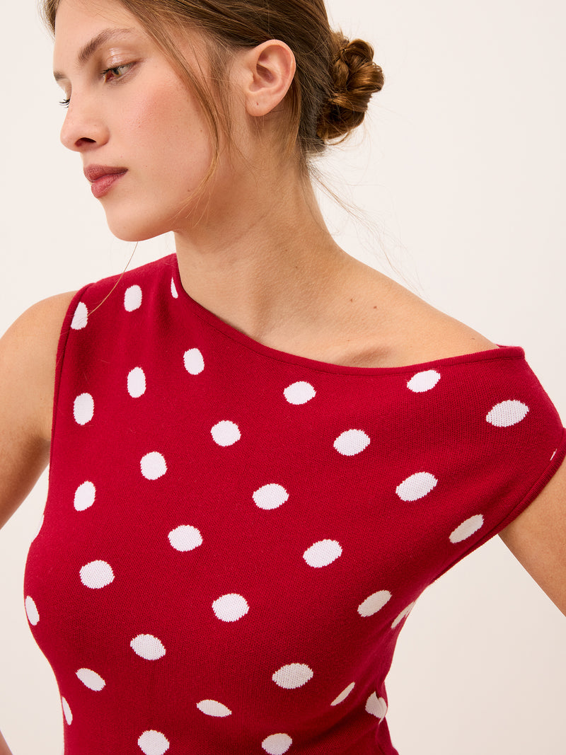 MANU red polka dot long knit dress, detail of asymmetrical neckline by Rouje