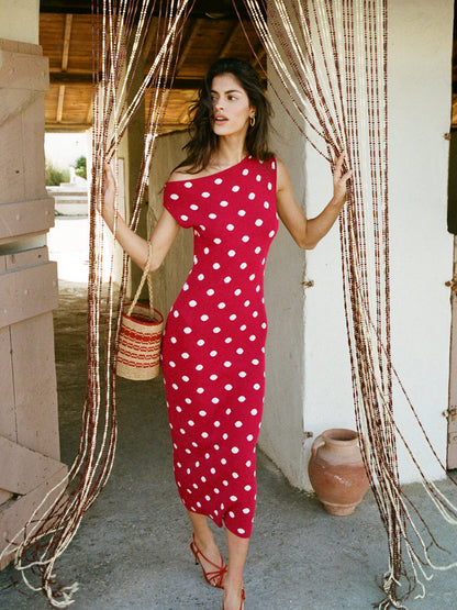 MANU red and white polka dot long knit dress, lifestyle setting by Rouje