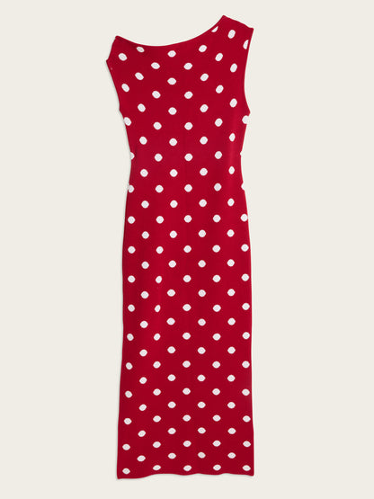MANU red and white polka dot long fitted knit dress, flat packshot by Rouje