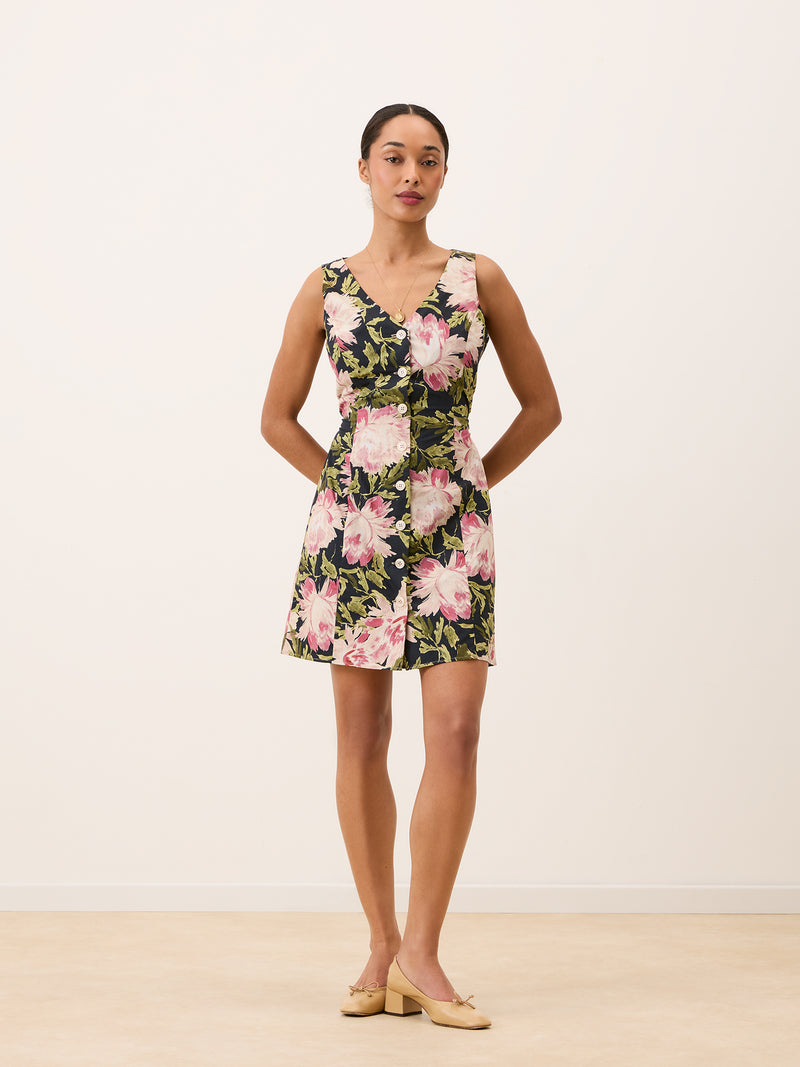MANUELA navy floral short dress worn on a model by Rouje