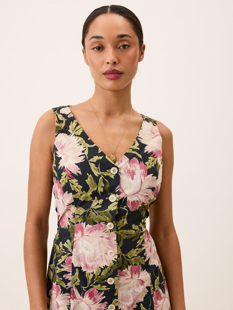 MANUELA navy floral print dress, back view by Rouje