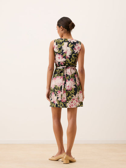 MANUELA navy floral short dress, detail of waist tie by Rouje