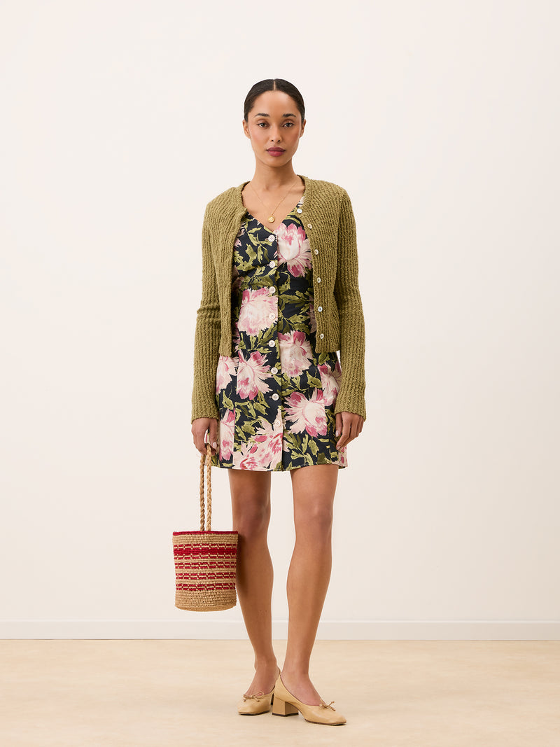 MANUELA navy Vanity peony print dress, side view by Rouje