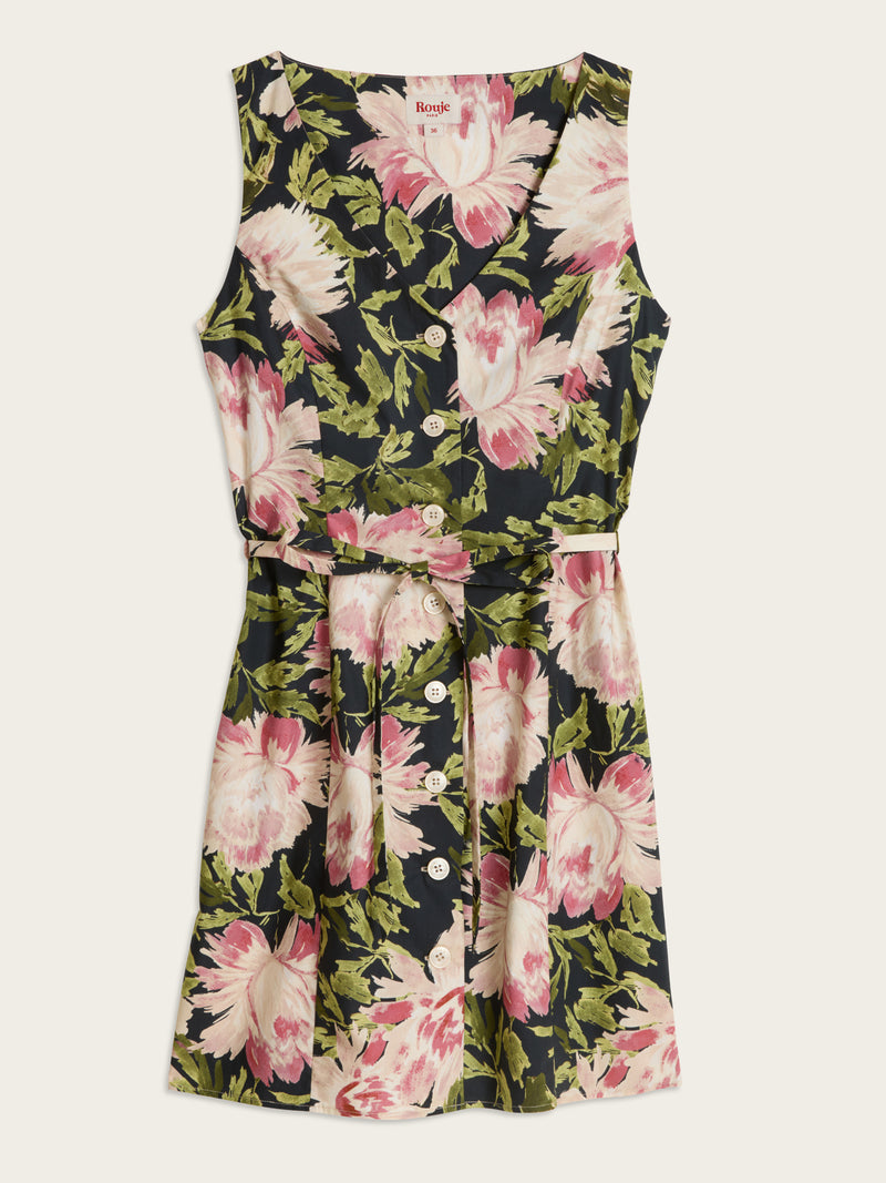 MANUELA navy floral print short cotton dress, flat packshot by Rouje