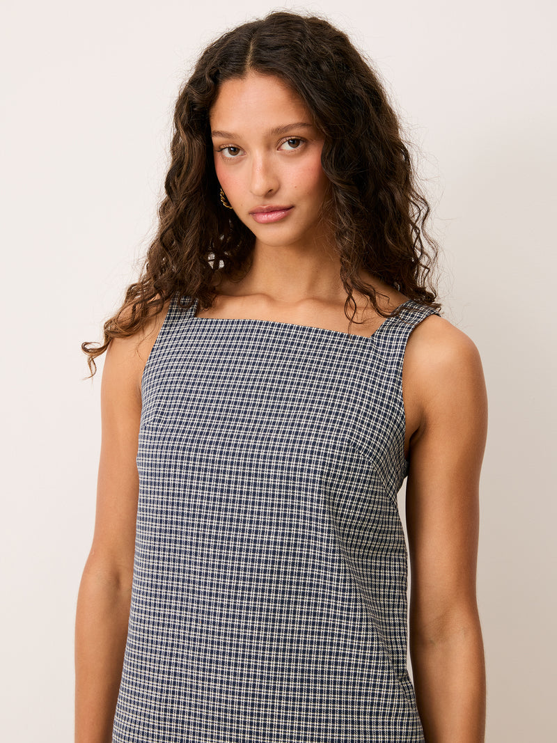 MARLA navy blue checkers short sleeveless dress, front view by Rouje