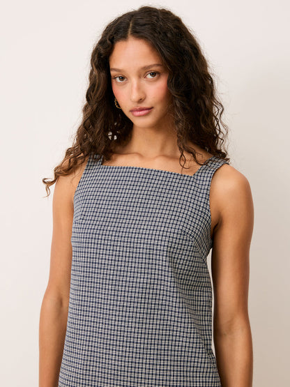 MARLA navy blue checkers short sleeveless dress, front view by Rouje