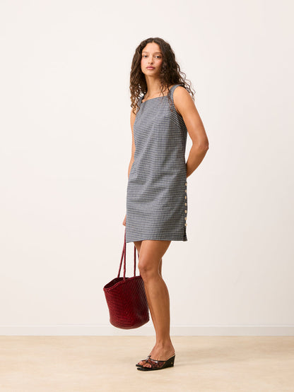 MARLA navy blue check short dress, back view by Rouje