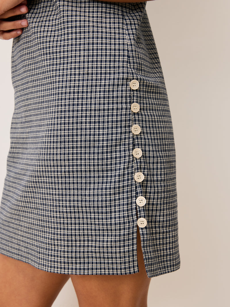 MARLA navy blue check short sleeveless dress, 3/4 view by Rouje