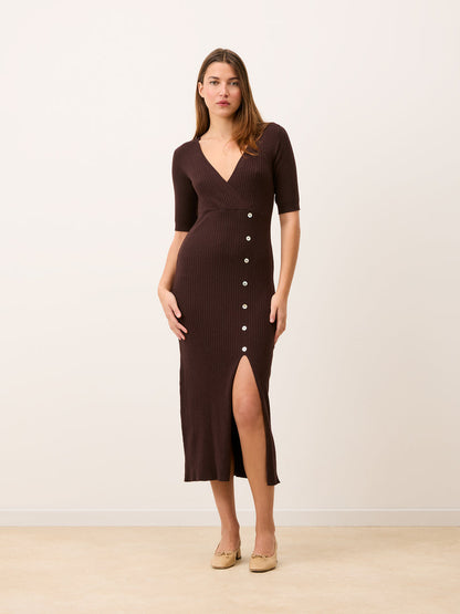 MILA chocolate jumper dress worn on a model by Rouje