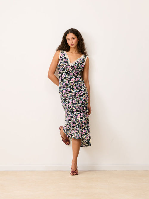 MINETTE black Prairie floral long sleeveless lace dress, front view by Rouje
