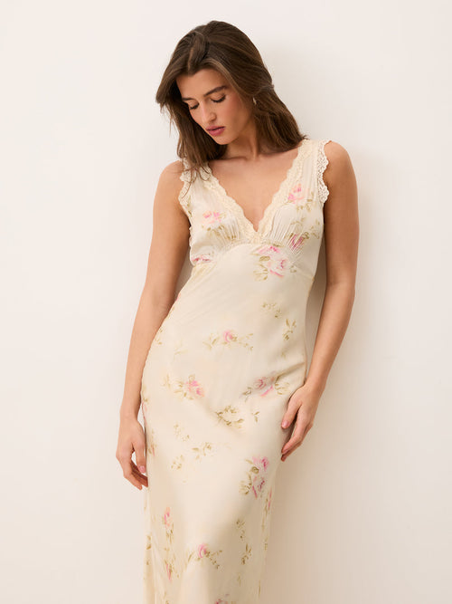 MINETTE Garden Party ecru floral long lace dress, front view by Rouje
