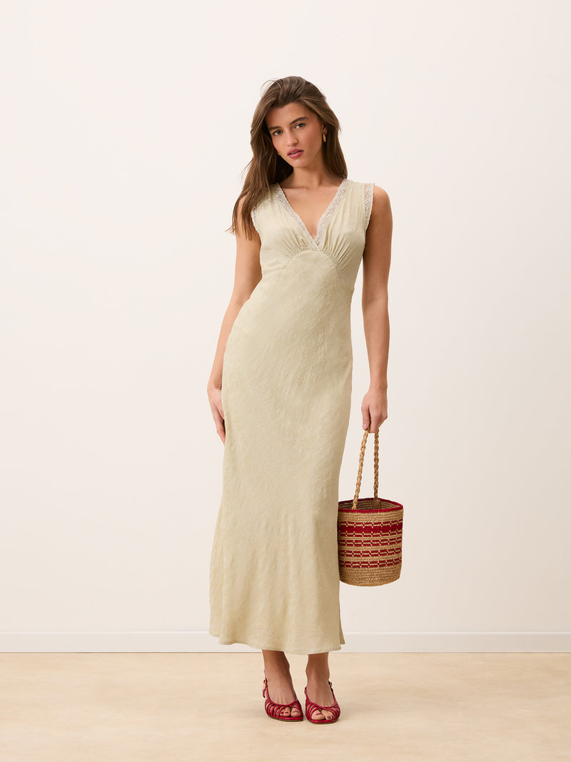 MINETTE ecru lace V-neck midi dress, front view by Rouje