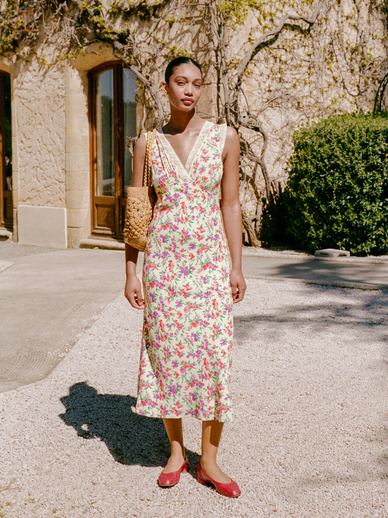 MINETTE Glycine floral lace midi dress by Rouje, lifestyle setting