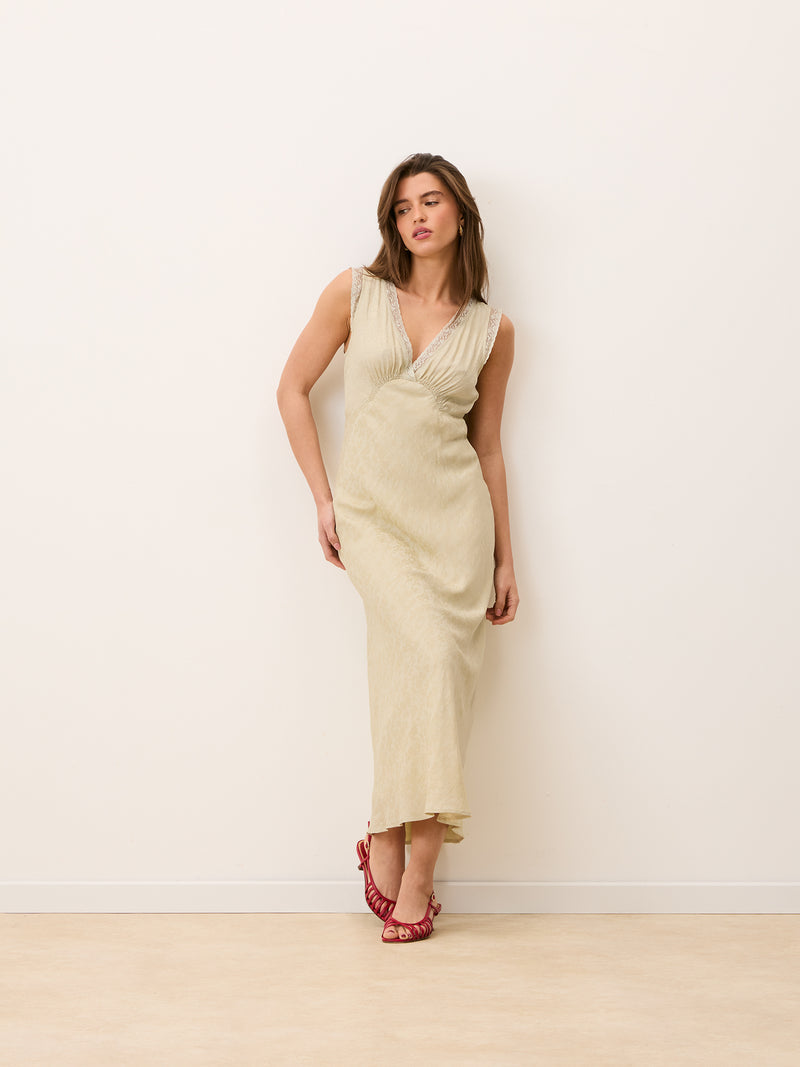 MINETTE ecru lace sleeveless midi dress, back view by Rouje
