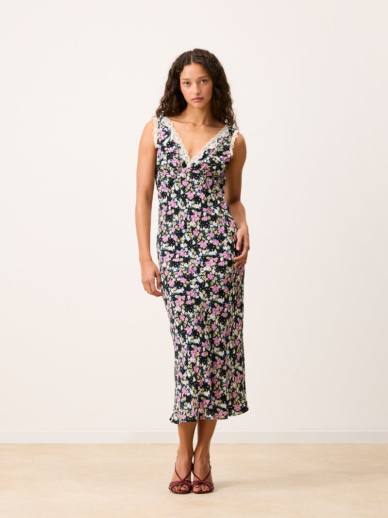 MINETTE black Prairie floral lace dress, back view by Rouje