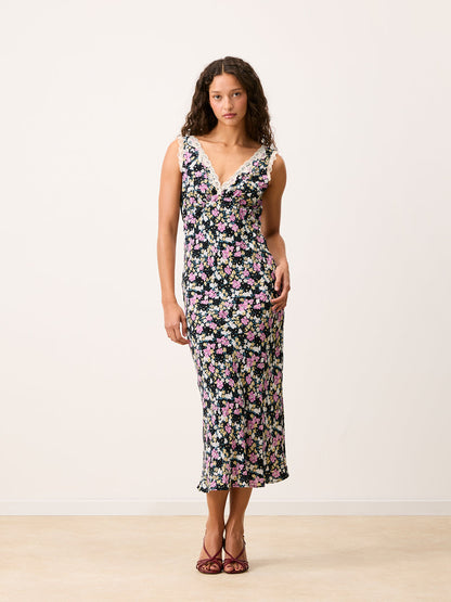 MINETTE black Prairie floral lace dress, back view by Rouje