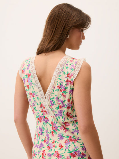 MINETTE Glycine floral lace midi dress, detail of V-neck by Rouje