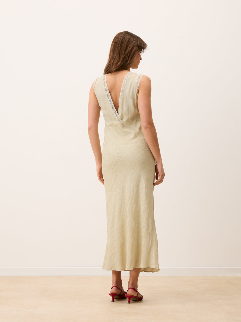 MINETTE ecru sleeveless lace midi dress, side view by Rouje
