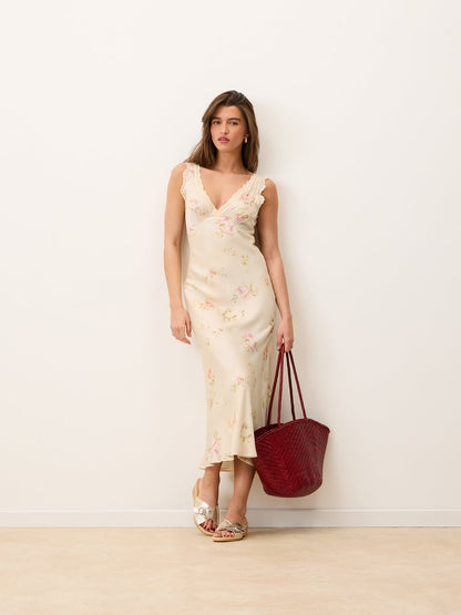 MINETTE Garden Party ecru floral long lace dress, side view by Rouje