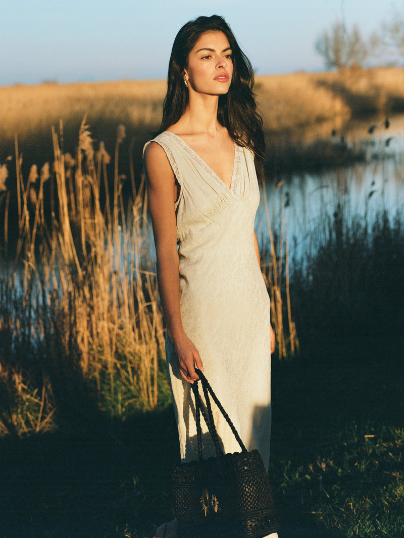 MINETTE ecru lace midi dress, lifestyle setting by Rouje