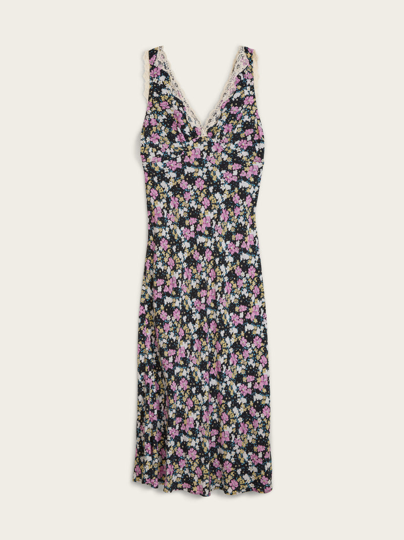 MINETTE black Prairie floral long sleeveless lace dress, flat packshot by Rouje