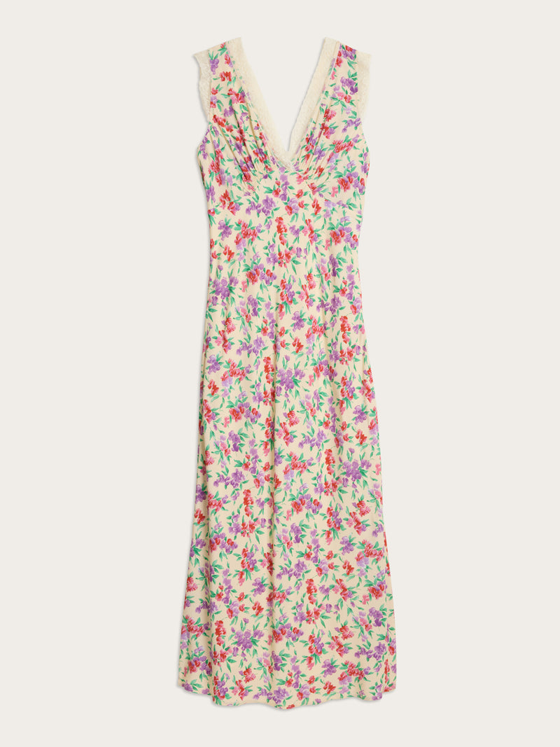 MINETTE Glycine ecru floral print lace midi dress, flat packshot by Rouje